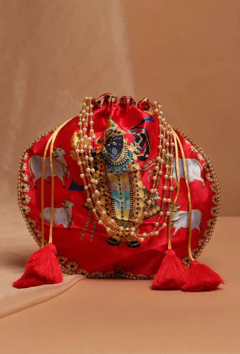 Luminous Red Shreenath Potli With Golden glass work