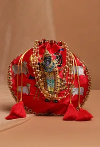 Luminous Red Shreenath Potli With Golden glass work image 1