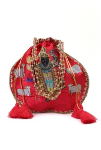 Luminous Red Shreenath Potli With Golden glass work image 2