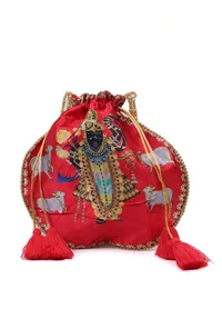 Luminous Red Shreenath Potli With Golden glass work image 3