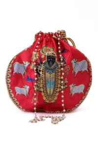 Luminous Red Shreenath Potli With Golden glass work image 4
