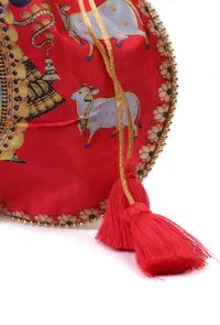 Luminous Red Shreenath Potli With Golden glass work image 5