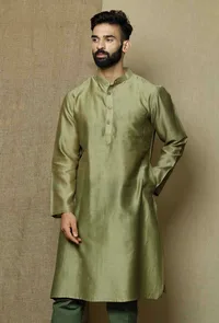 Olive Green Pure Banarasi Silk Chanderi Kurta image 1