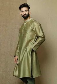 Olive Green Pure Banarasi Silk Chanderi Kurta image 2