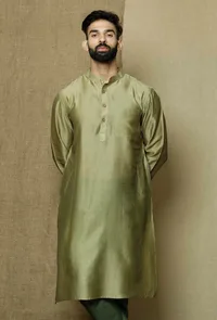 Olive Green Pure Banarasi Silk Chanderi Kurta image 3