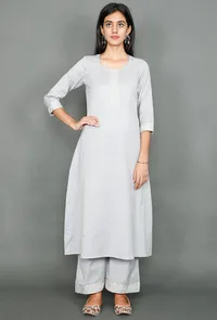 Pale Grey Kurta With Kantha Embroidery image 1
