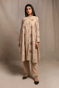 Ecru Hand block Printed Bust-side Gathered Tunic Dress image 1
