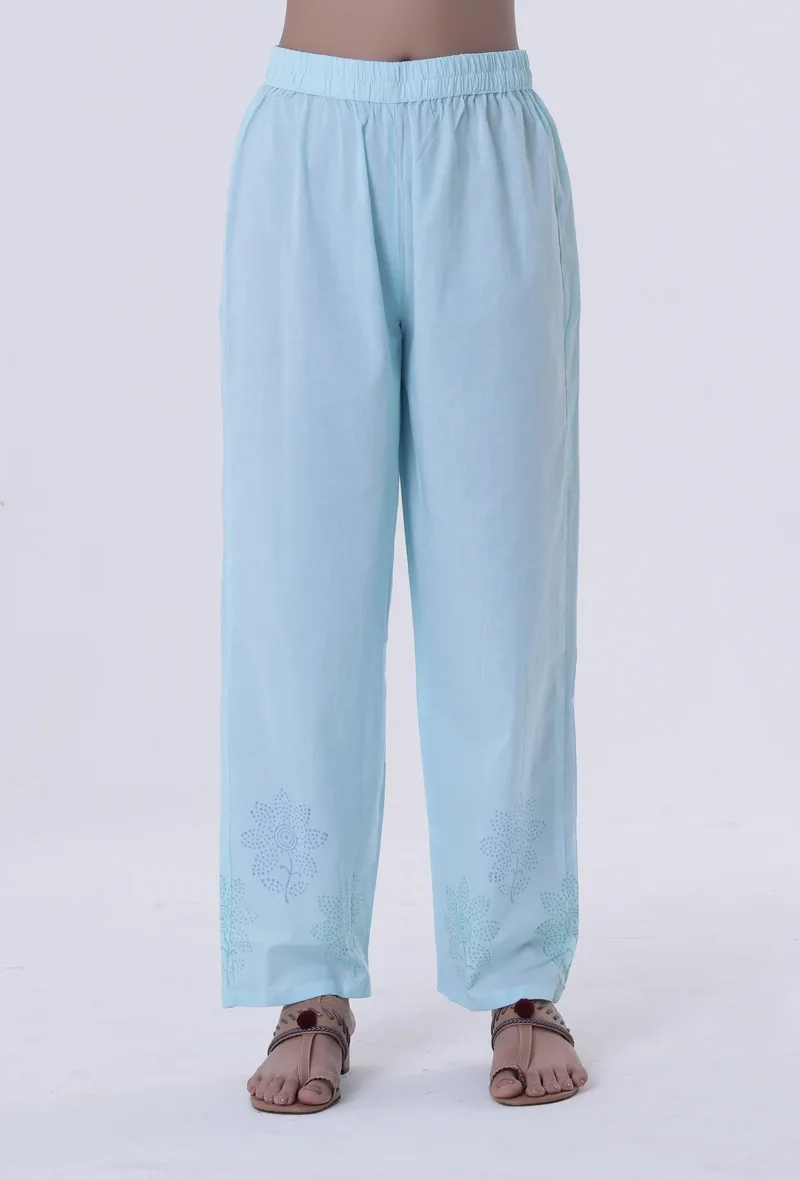 Greenish-Blue Cotton Block Printed Pant