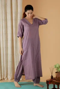 Mulmul Cotton Lilac V Neck Kurta image 3
