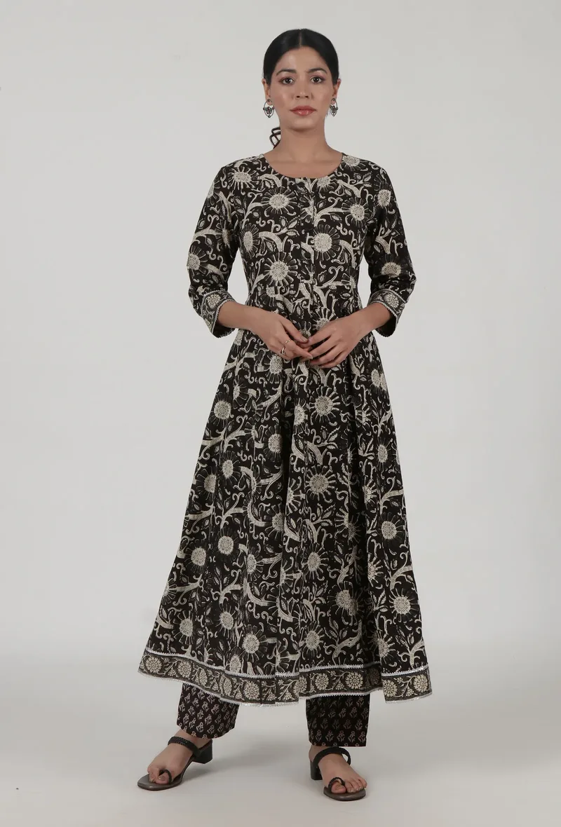 Ajrakh Printed Black Cotton Anarkali