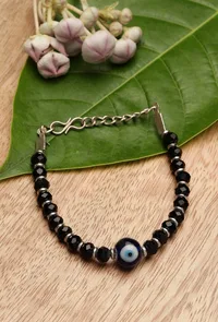 German Silver Evil Eye Bracelet with Black Beads & Adjustable Cord image 1