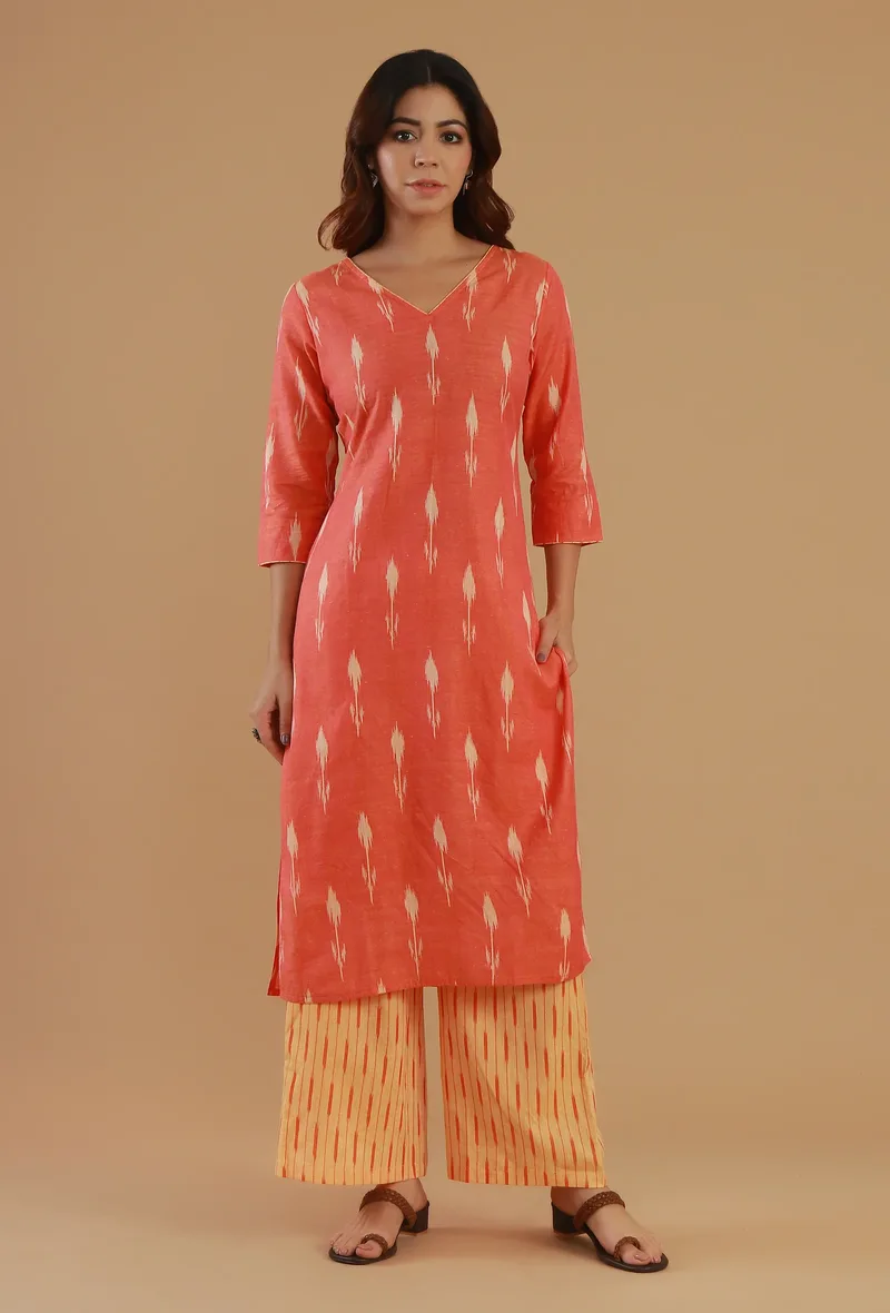 Set of 2: Coral Ikat Cotton Straight Kurta with Ikat Pants