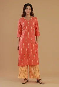 Set of 2: Coral Ikat Cotton Straight Kurta with Ikat Pants image 1
