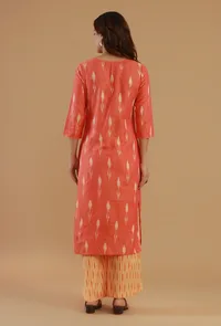 Set of 2: Coral Ikat Cotton Straight Kurta with Ikat Pants image 3
