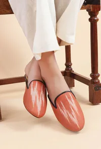 Fire Orange & Tawny Brown Ikat flat Cruelty Free Leather Mules image 1