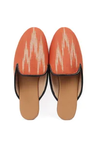 Fire Orange & Tawny Brown Ikat flat Cruelty Free Leather Mules image 2