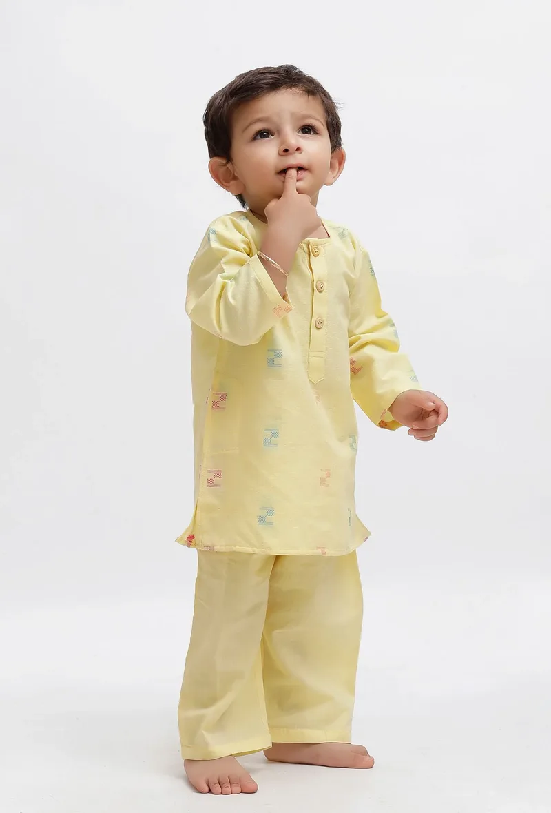 Set Of 2: Yellow Dobby Kurta and Yellow Pant