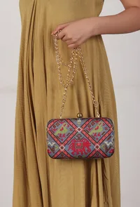 Gehna Blue & Multi Patola Print Rectangular Box Clutch image 1