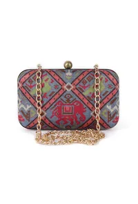 Gehna Blue & Multi Patola Print Rectangular Box Clutch image 3