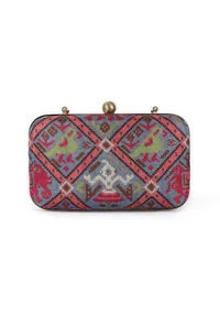 Gehna Blue & Multi Patola Print Rectangular Box Clutch image 4