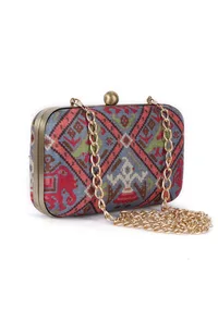 Gehna Blue & Multi Patola Print Rectangular Box Clutch image 5
