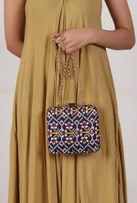 Leela Blue & Multi Patola Print Square Box Clutch image 1