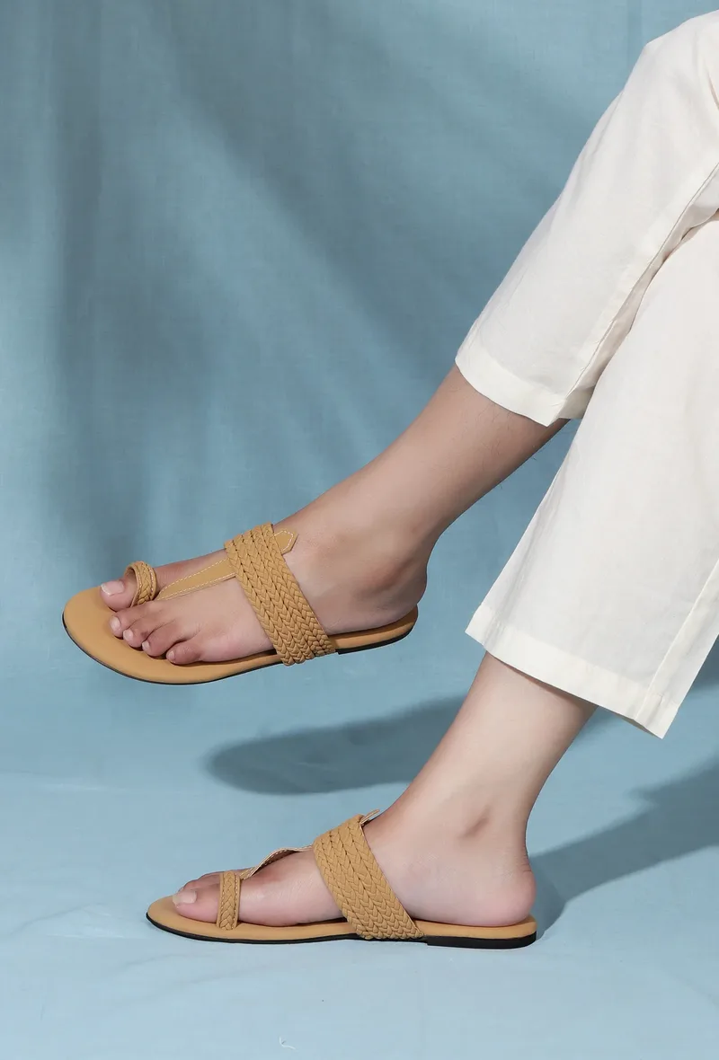 Camel Brown Cruelty free Leather inspired Kolhapuri with multiple braidings