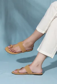 Camel Brown Cruelty free Leather inspired Kolhapuri with multiple braidings image 1