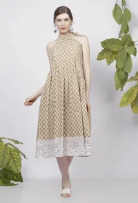 Muse Brown Quatrefoil Hand-Block Printed  Cotton  Halter Tie-up Neck Pleated Flared Dress image 1
