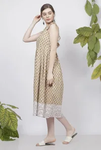 Muse Brown Quatrefoil Hand-Block Printed  Cotton  Halter Tie-up Neck Pleated Flared Dress image 3