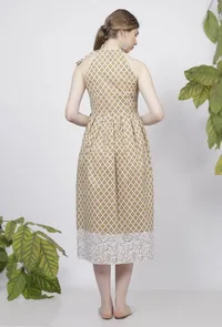 Muse Brown Quatrefoil Hand-Block Printed  Cotton  Halter Tie-up Neck Pleated Flared Dress image 4