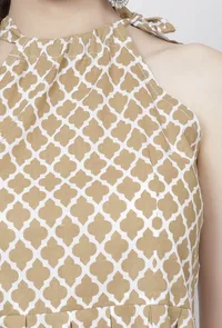 Muse Brown Quatrefoil Hand-Block Printed  Cotton  Halter Tie-up Neck Pleated Flared Dress image 5