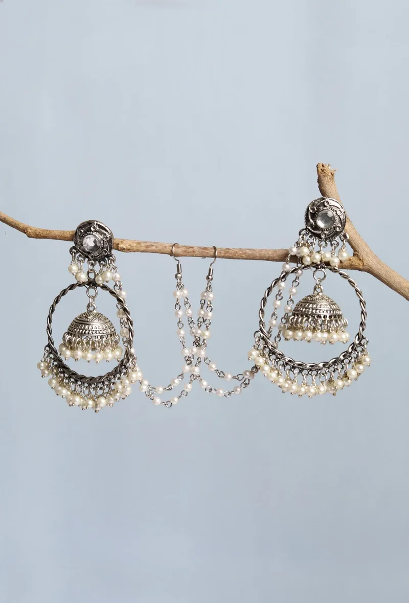 German Silver Partywear Stunning Earring with Hair Extension Designer