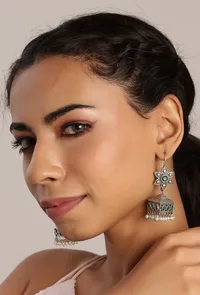 Antique Silver and Green Geometric Jhuma Earrings image 1