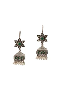 Antique Silver and Green Geometric Jhuma Earrings image 2
