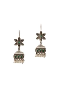 Antique Silver and Green Geometric Jhuma Earrings image 3