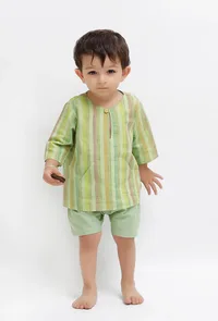 Set Of 2: Green Striped Shirt and Green shorts image 1