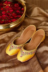 Yellow And Pink Embroidered Silk Juttis image 1