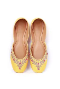 Yellow And Pink Embroidered Silk Juttis image 2