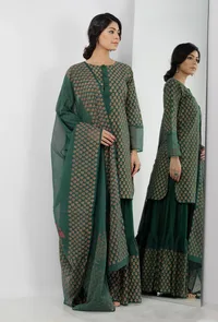 Irvin Bottle Green Floral Hand Block Printed Kota Dupatta image 1
