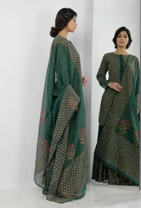 Irvin Bottle Green Floral Hand Block Printed Kota Dupatta image 2