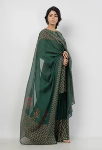 Irvin Bottle Green Floral Hand Block Printed Kota Dupatta image 3
