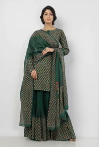 Irvin Bottle Green Floral Hand Block Printed Kota Dupatta image 4
