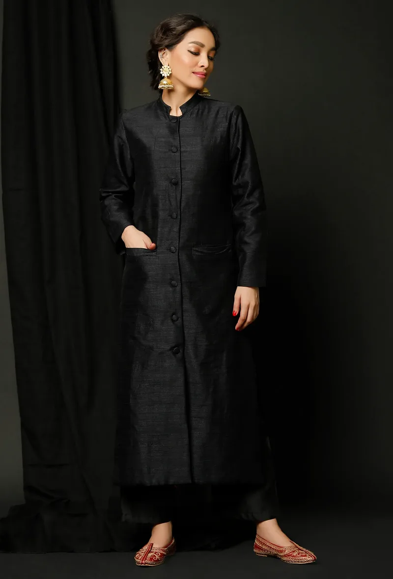 Black Raw silk Achkan