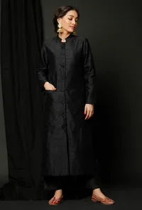 Black Raw silk Achkan image 1