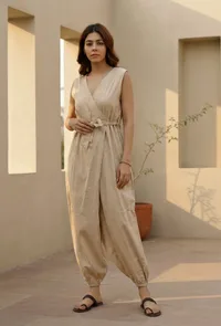 Beige Khadi Cotton Wrap Around Jumpsuit with Belt image 1