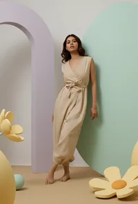 Beige Khadi Cotton Wrap Around Jumpsuit with Belt image 3