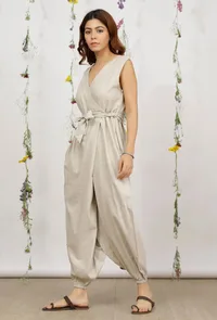 Beige Khadi Cotton Wrap Around Jumpsuit with Belt image 4