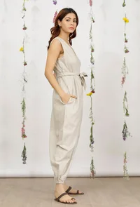 Beige Khadi Cotton Wrap Around Jumpsuit with Belt image 5