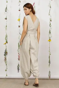 Beige Khadi Cotton Wrap Around Jumpsuit with Belt image 6